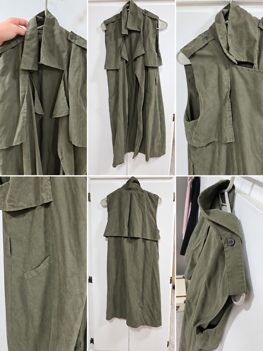 Sleeveless Long Trench Vest in Olive Green by